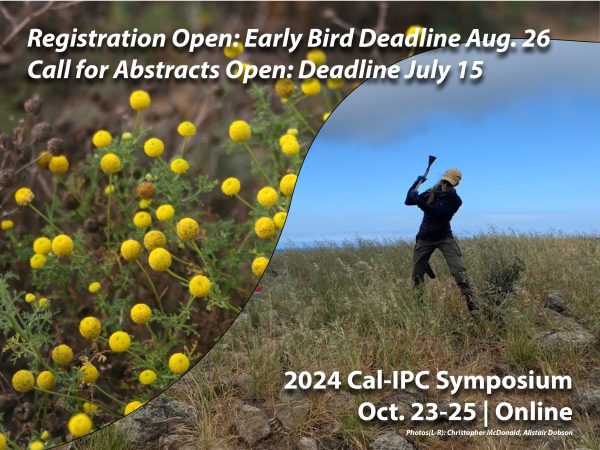 Collage image split by rising curve from left to right with a close up of growing yellow globes of stinknet in the left and a woman in a yellow hat swinging a pickaxe into green and brown weeds on the right header text Registration open: Early Bird Deadline Aug 26, Call for Abstracts open: Deadline July 15