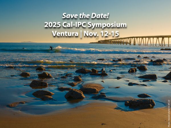 Ventura Beach Pier at sunset with rocks and sand in foreground. Text overlay "Save the Date" 2025 Cal-IPC Symposium Ventura Nov. 12-15