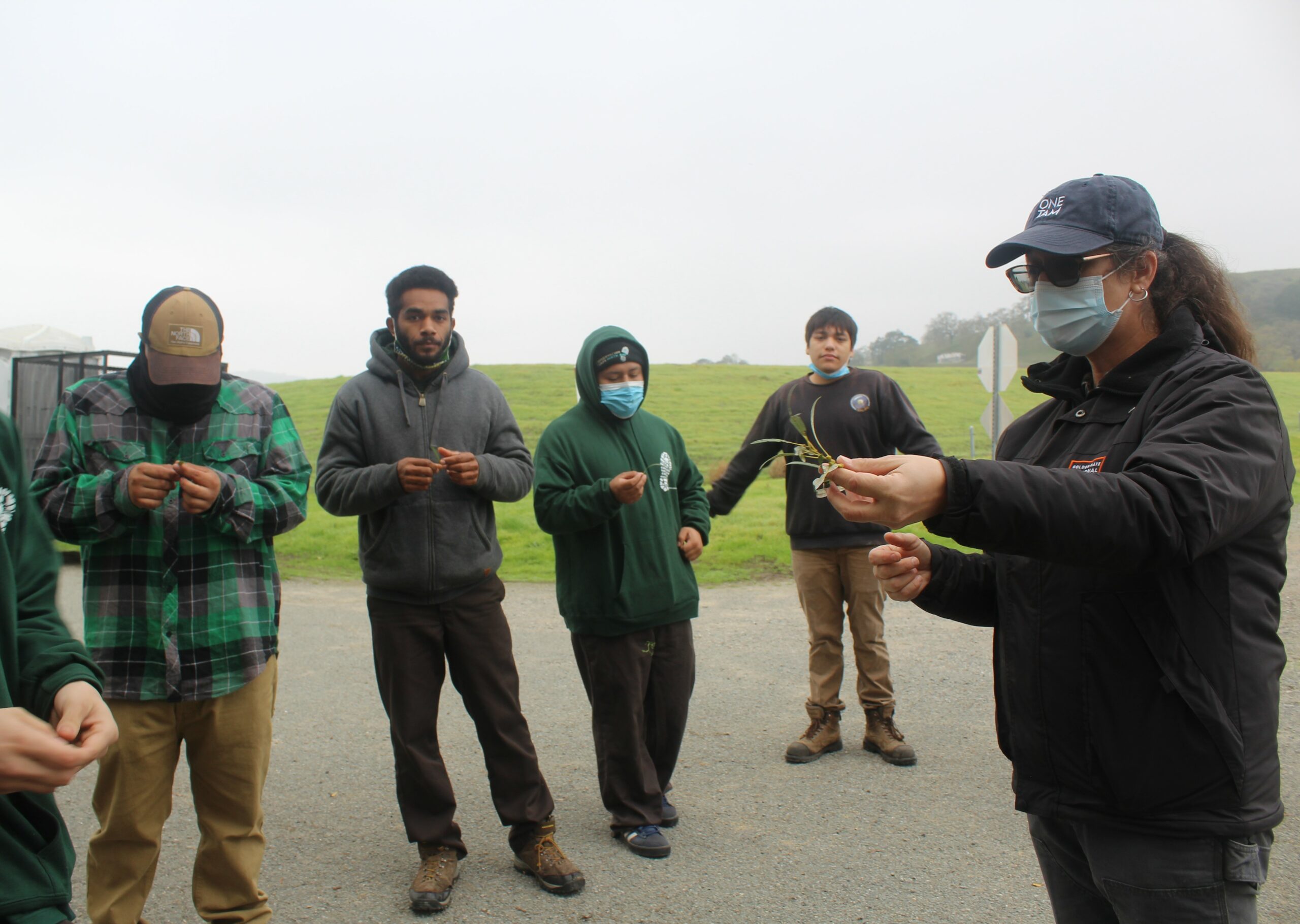 Young men in Conservation Corps North Bay sweaters look closely at plant parts held out to them by instructor Rachel Kesel, who is wearing a baseball cap and dark glasses.