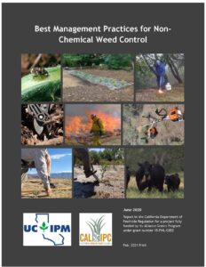 Cover of the BMP manual for Non-Chemical Weed Control with 9 images of various methods, including fire, grazing, hand pulling, biocontrol, and cutting.