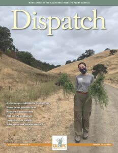 Newsletter cover image with a photo of a young woman in a face mask carrying armfuls of green weeds in a brown hilly landscape.