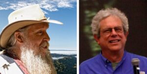 Headshots of a man with gray beard in a white western hat in profile and a gray haired man in purple shirt facing forward