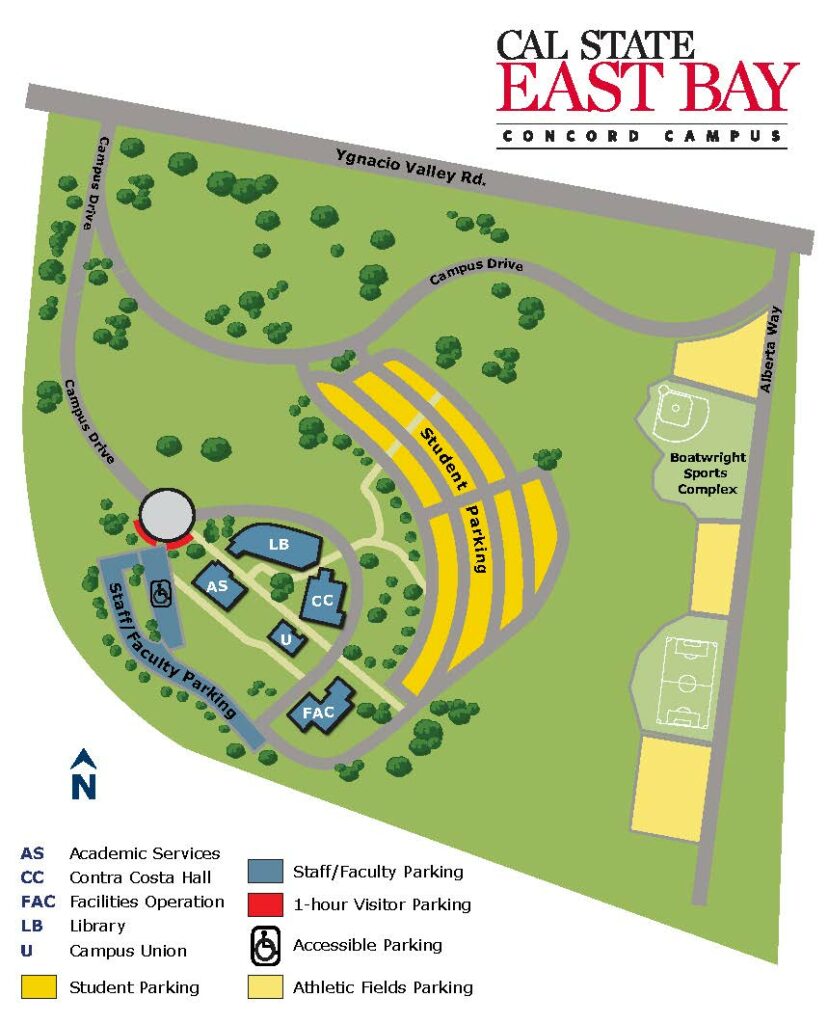 Map of the CSU East Bay Concord Campus with parking area