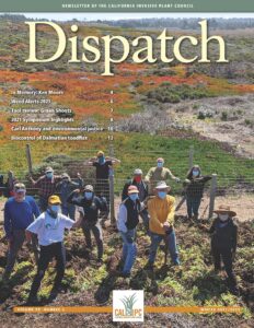 Cover of a magazine with a group of people in work clothes and facemasks holding hand tools in a field of iceplant