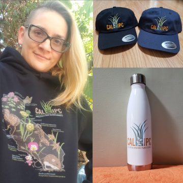Combo pic of blonde woman in black sweater with California plants and animals, water bottle with logo and hats with logo