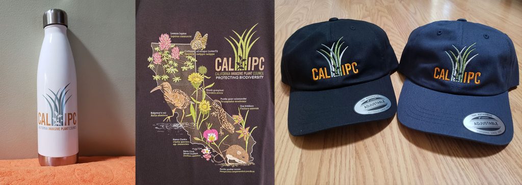 White water bottle with Cal-IPC logo, close up of t-shirt image with California state outline and native animals and plants, two hats with Cal-IPC Logo