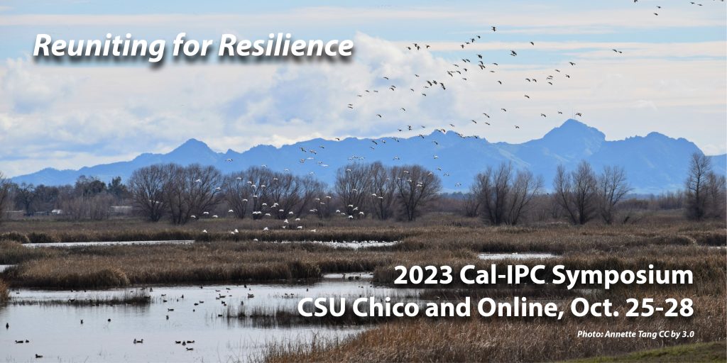 A landscape with pond, reeds, and blue mountains in the distance. A flock of geese lands on the water in the distance. Text overlay reads Reuniting for Resilience 2023 Cal-IPC Symposium CSU Chico and Online Oct 25-28