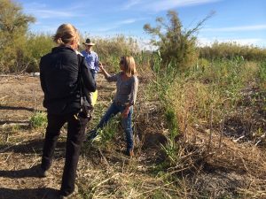 Three people stand in a dusty road by a field of brown cut Arundo with green resprouting Arundo shoots