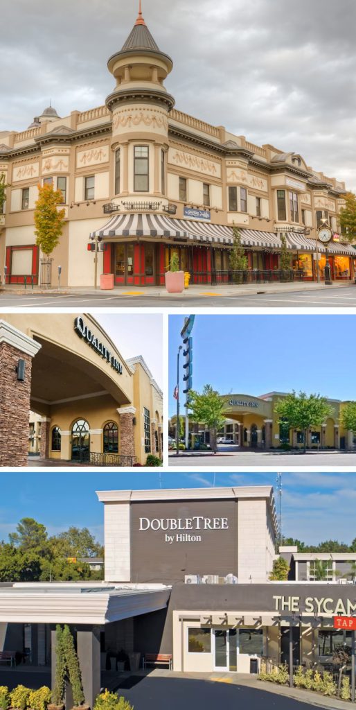 Collage of four images of hotel entryways