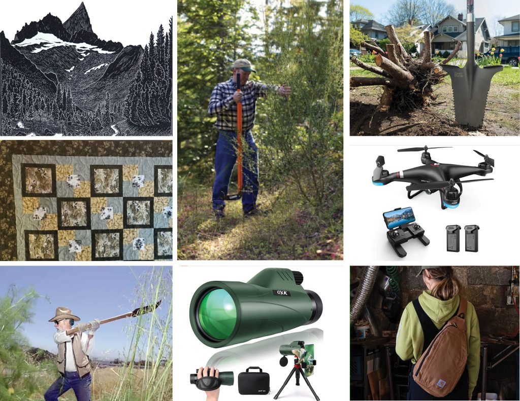 collage of raffle prizes includes root slayer shovel, Black and white art print, monocular telescope, drone, quilt, extractigator and axe
