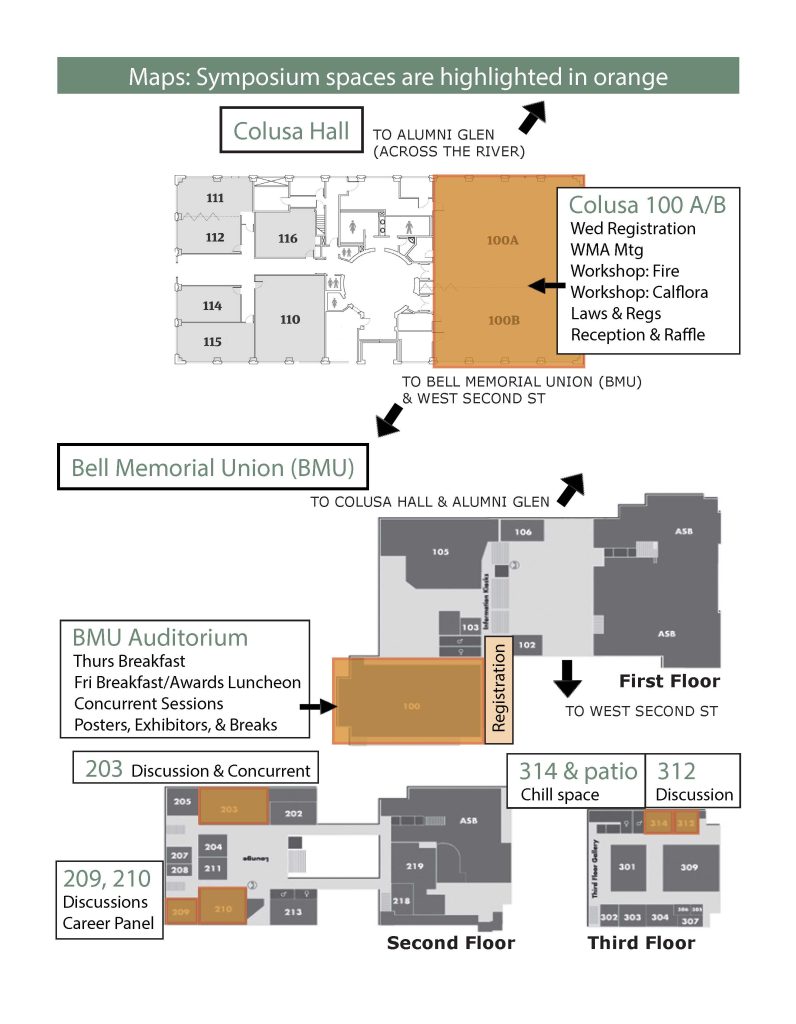 Map of Colusa Hall and BMU on Chico Campus with Symposium spots highlighted in orange.