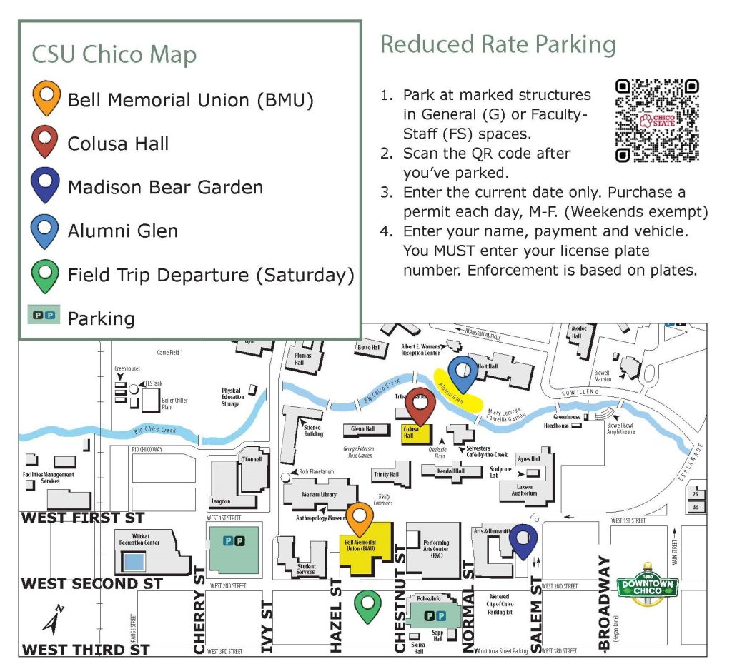 Map of CSU Chico campus with location markers on Meeting spaces and parking lots