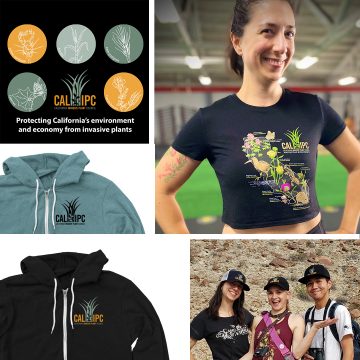 collage of pictures with Cal-IPC shirt designs, smiling people in Cal-IPC shirts and hats, and zip front hoodies with logo