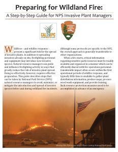 Cover of the Preparing for Wildland Fire Report with a red, smoke-filled sky behind an American flag at half-mast